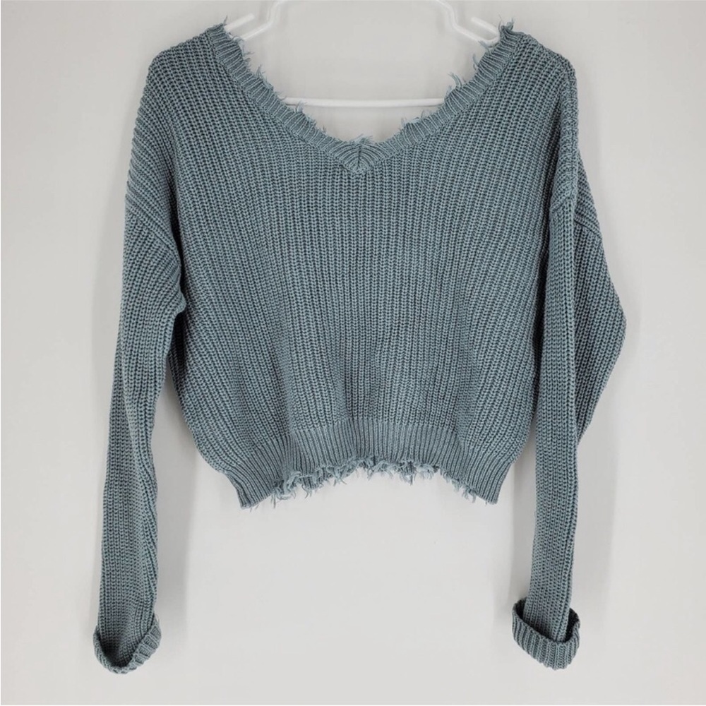 Jessica Simpson teal blue distressed crop top sweater.